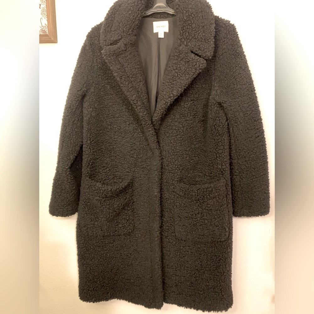 Nine West black long coat cozy size medium with snap front closure